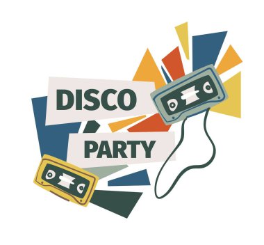 Retro disko partisi, klasik ya da eski tarz şarkı ve beste içeren kasetler. Gençler için müzik ve danslar, eğlence ve eğlence, eğlence ve eğlence diskoteği. Düz biçimli vektör