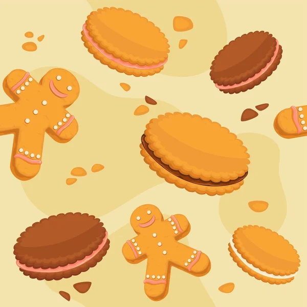 甜食和甜点 甜点美味佳肴 有巧克力奶油的饼干和饼干 带釉面的姜人性格 无缝图案 背景图或印刷墙纸 矢量呈扁平型 — 图库矢量图片