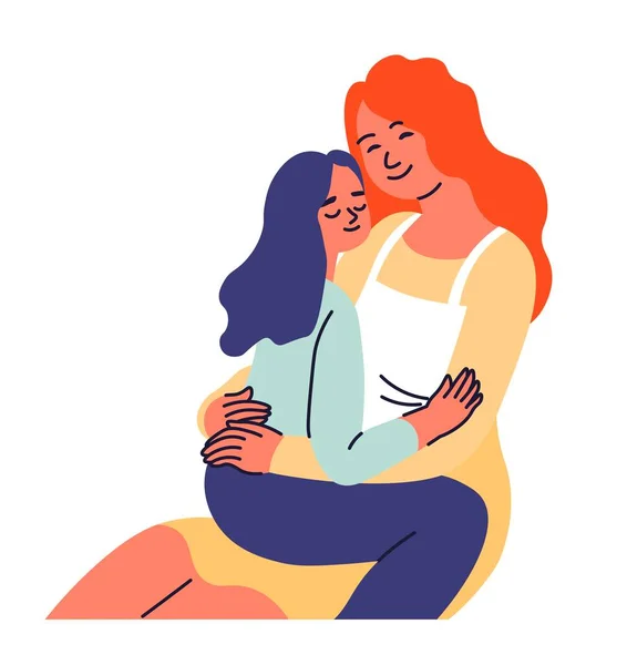 幸せな母親と娘 笑顔の女性と子供 ママと就学前の抱っこと抱擁 目を閉じて母親と女の子 家族の瞬間とレジャー 結合関係 平型ベクトル — ストックベクタ