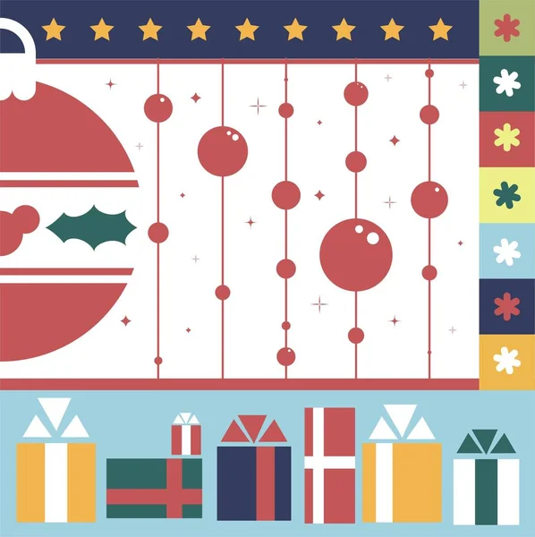 圣诞节和新年庆祝 寒假快乐 梨子和叶子装饰松树的灌木 花和礼物装在盒子里 上面有红色的蝴蝶结带 矢量呈扁平型 — 图库矢量图片