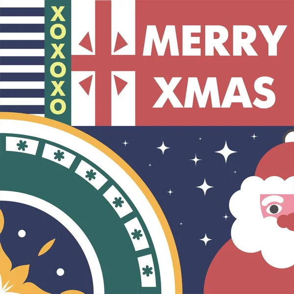 クリスマスと新年のお祝い 陽気なクリスマス 冬のシーズン中の楽しみ サンタクロースと赤いリボンで提示し 夜空に輝く輝く星 聖ニコラスのキャラクター 平型ベクトル — ストックベクタ
