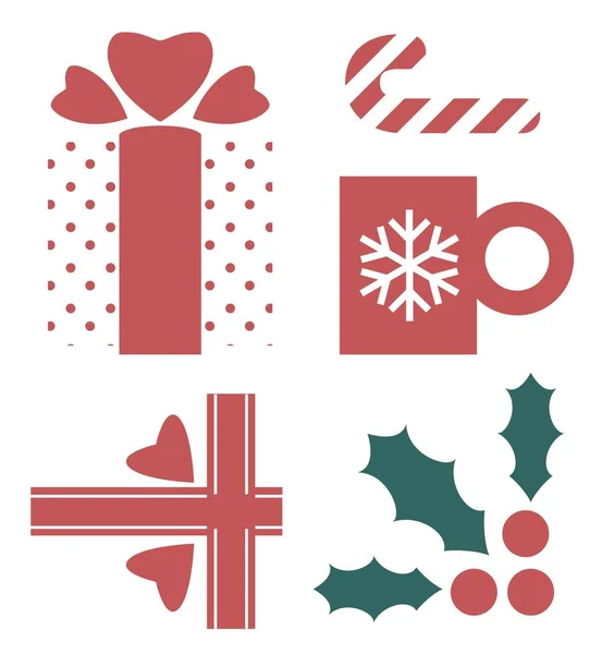 Xmas New Year Celebration Isolated Icons Symbols Traditional Items Christmas — Stock Vector