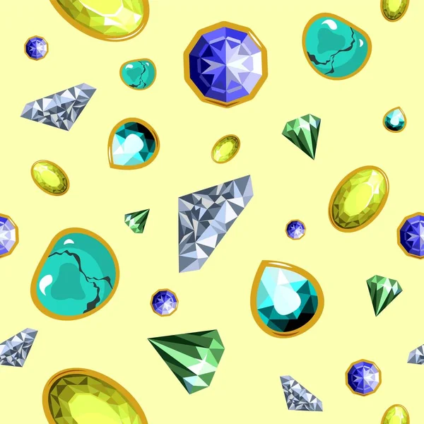 宝石と貴重な石 輝きとエメラルド ダイヤモンドセット 高価な宝石類と豊かさ 豊かさと富 シームレスなパターン 背景やプリント壁紙 平型ベクトル — ストックベクタ