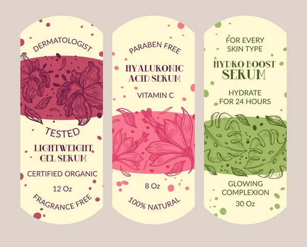 Etiketten Voor Hydratatie Cosmetische Producten Goedgekeurd Door Dermatologen Hyaluronzuur Serum — Stockvector