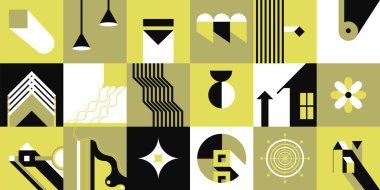Geometrik şekiller ve kare, baskı ya da dikişsiz şekiller halinde soyut şekiller. Asılan lambalar, düz çizgiler, kıvrımlar ve merdivenler. Bauhaus geçmişi, çağdaş sanat tasarımı. Düz biçimli vektör