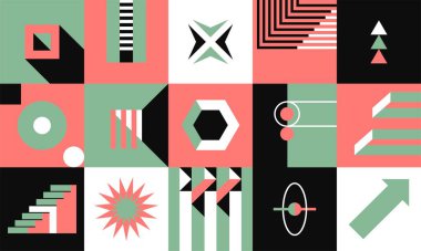 Geometrik şekiller ve kare, baskı ya da dikişsiz şekiller halinde soyut şekiller. Asılan lambalar, düz çizgiler, kıvrımlar ve merdivenler. Bauhaus geçmişi, çağdaş sanat tasarımı. Düz biçimli vektör