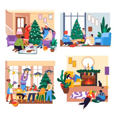 Yeni yıl ya da Noel 'in aile kutlaması. İnsanlar dekoratif çam ağacı, evde birlikte Noel 'i kutluyorlar. Şöminenin başında oturup konuşmak, zaman geçirmek ve yakınlaşmak. Düz biçimli vektör