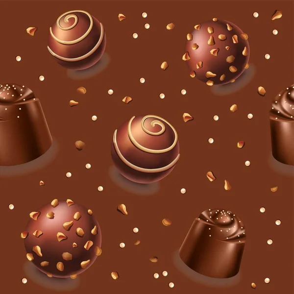 甜点和糖果 巧克力糖果加奶油和慕斯馅 有釉面和糖分的美味佳肴 面包店或糖果店 无缝图案 背景图或印刷墙纸 矢量呈扁平型 — 图库矢量图片