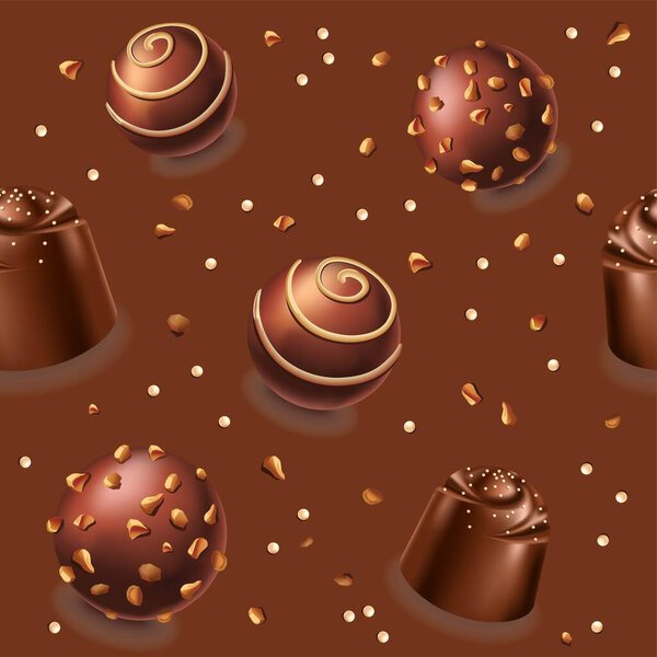Dessert and sweets, chocolate candies with cream and mousse filling. Tasty meal with glazing and sugar. Bakery or confectionery. Seamless pattern, background or print wallpaper. Vector in flat style