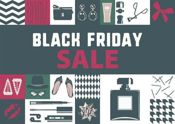 stock vector Discounts and sales on Black friday. Special offers from shops and stores. Buy accessories and clothes, makeup products on clearance. Promotional banner for advertisement. Vector in flat style