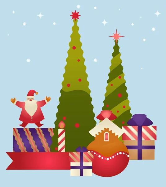 圣诞节庆祝活动 圣诞老人带着圣诞礼物和新年假期礼物 有灌木 有花环 是灿烂的星宿 露天雪地的大风雪 矢量呈扁平型 — 图库矢量图片