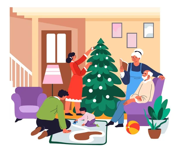 Familjesemester Tillsammans Jul Och Nyårsfirande Folk Dekorerar Pinjeträd Med Grannlåt — Stock vektor