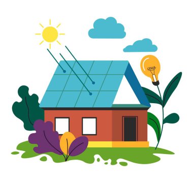 Yenilenebilir ve alternatif enerji üretimi. Güneş panelleriyle izole edilmiş doğal enerji biriktirip kaynak elde ediyorlar. Çevre dostu bir ayrılık, küçük bir etki. Düz biçimli vektör