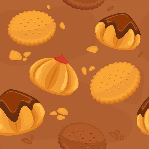 糕点和糖果 饼干和饼干与巧克力配加奶油 饼干和美味的甜点商店里的糖果无缝图案 背景或壁纸印刷 矢量呈扁平型 — 图库矢量图片