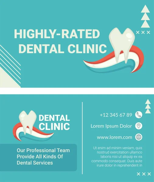 牙科诊所名片 附有联系方式 电话号码和网站 专业团队提供各种服务 治疗蛀牙和保持健康 矢量呈扁平型 — 图库矢量图片
