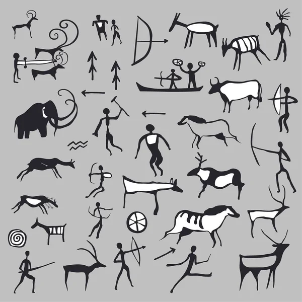 洞窟の図面やシンボル 人々の狩猟シーンのシルエット 動物やボートを持つキャラクター 古代の部族やグループの生活 収集と生活 平型ベクトル — ストックベクタ