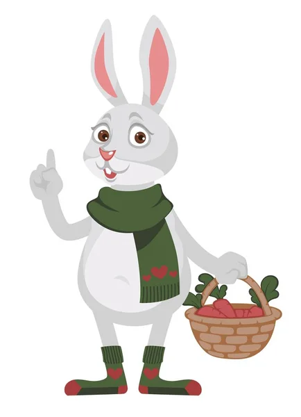ニンジンとバスケットを運ぶ ジェスチャーを共有します ニットスカーフと靴下を心で身に着けている隔離されたウサギのキャラクター ウサギの性格 冬の季節の驚くべき表情 平型ベクトル — ストックベクタ