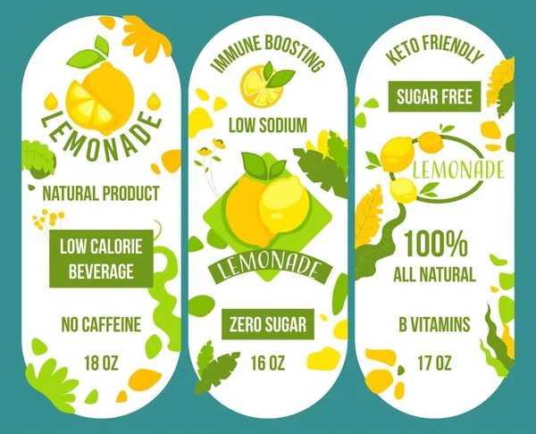 Limonade Drank Etiketten Emblemen Immuunstimulerende Suikervrije Keto Vriendelijke Caloriearme Producten — Stockvector