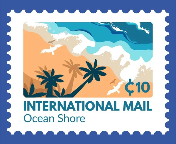 Orilla Del Mar Correo Internacional Con Paisajes Marinos Palmeras Playa — Vector de stock