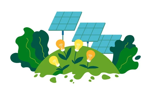 太陽光 太陽光パネル 電球の代替エネルギーが電力を蓄積します 小さな植物 再生可能な天然資源 環境とバイオケア 生産の環境に優しい方法 平型ベクトル — ストックベクタ