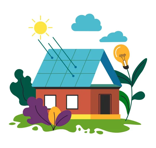 Produção Energia Renovável Alternativa Casa Isolada Com Painéis Solares Acumulando —  Vetores de Stock