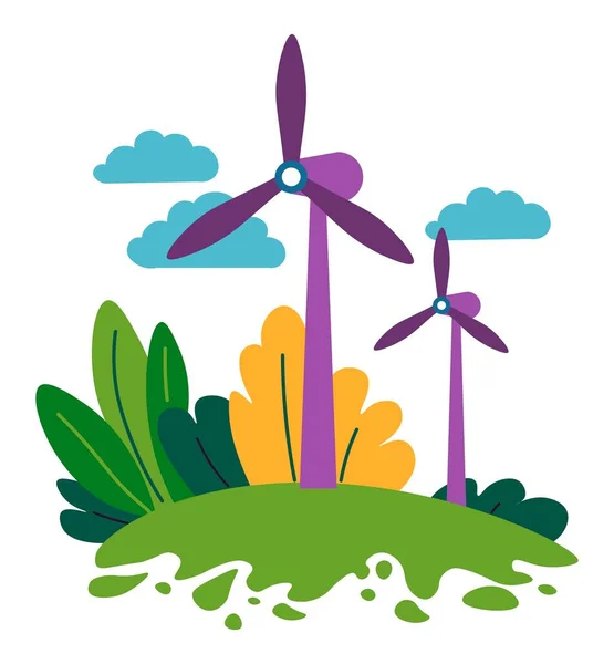 エネルギー 再生可能エネルギー 代替自然資源の風力発電蓄積 発電用タービンのフィールド 生態学的に友好的な手段と環境意識 平型ベクトル — ストックベクタ
