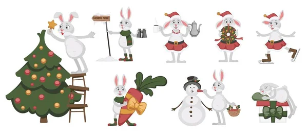 Christmas Time Holiday Preparation Celebration Isolated Bunny Character Decorating Pine — Stock Vector