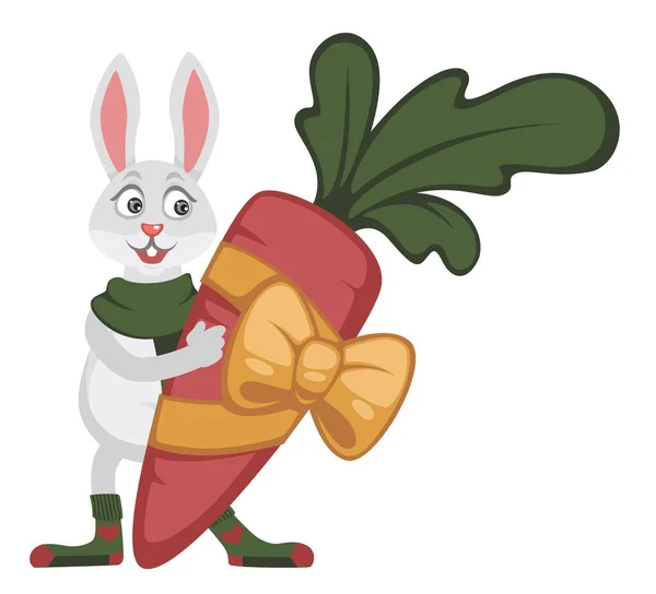 兔子的角色拿着大胡萝卜包在装饰的蝴蝶结和缎带里 独立的兔子 戴着针织围巾 袜子与心脏 圣诞节和新年庆祝活动 圣诞节 矢量呈扁平型 — 图库矢量图片