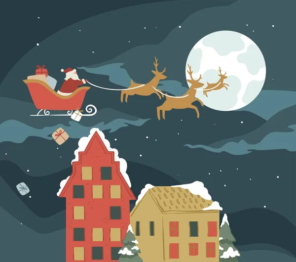 クリスマスの休日のお祝い トナカイに乗ってそりでサンタクロースと子供たちにプレゼントを与える 満月と雪の天気 家の雪で覆われた上 平面図のベクトル — ストックベクタ
