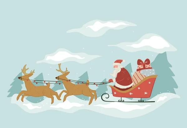 圣诞和新年假期庆祝和问候 圣诞老人骑着雪橇和驯鹿 送给听话的孩子们礼物 有森林和小山的雪景 矢量呈扁平型 — 图库矢量图片