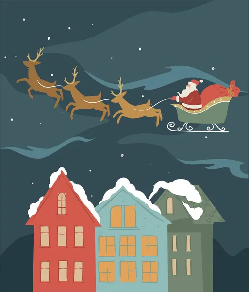 お正月やクリスマスのお祝い サンタクロースは 子供や大人のためのプレゼントの袋を持って トナカイとそりに乗っています 屋根の雪で覆われた街の風景 平型ベクトル — ストックベクタ