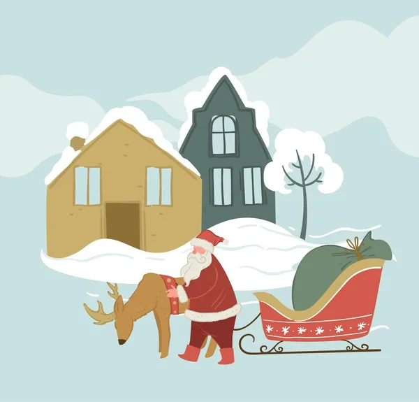 圣诞节和新年的庆祝活动 圣诞老人带着驯鹿和雪橇 为孩子们准备了很多礼物 城市景观 城市房屋和树木覆盖着雪 寒假矢量呈扁平型 — 图库矢量图片