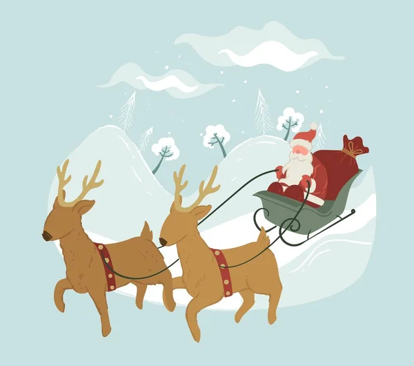 Karácsonyi Ünnepek Mikulás Szánnal Rénszarvasokkal Üdvözlet Karácsonykor Szilveszterkor Téli Táj — Stock Vector
