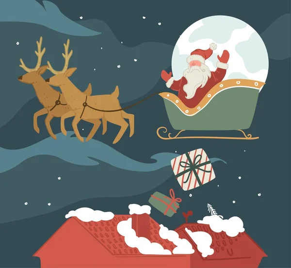 圣诞老人带着礼物雪橇和驯鹿满月和城市景观 屋顶上覆盖着雪 圣诞和新年假期的庆祝和问候 平面样式插图中的向量 — 图库矢量图片