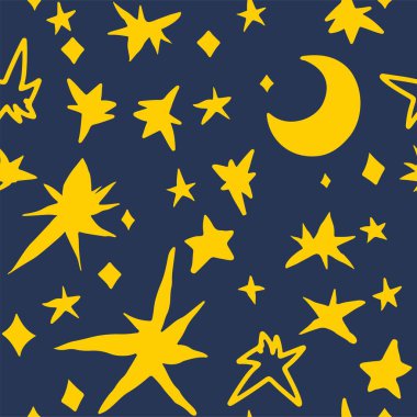 Ay ve yıldızlarla el çizimi kusursuz bir model. Soyut doku arkaplanı. Taslak şekilli vektörlerin serbest çizimi. Duvar kağıdı, kağıt, kumaş, tekstil tasarımı.
