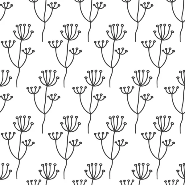 手绘植物载体无缝图案 黑色抽象纹理背景 手绘草图线矢量 纺织品设计 — 图库矢量图片