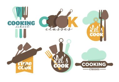 cooking school Kitchenware and cutlery classes isolated icons vector whisk and spatula plate and chef hat spoon and fork pan and rolling pin emblem or logo training culinary food and dishes recipes