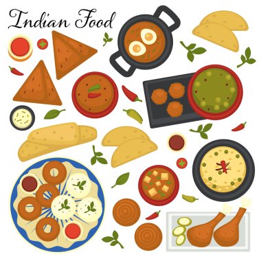 Hindistan 'ın Hint mutfağı menü koleksiyonu. Geleneksel tariflerle pişirilen afromatik yemekler, yükseliş ve tavuk eti, şifalı otlar ve kızarmış yumurtalar. Çorbalar ve tandırda, baharatlı çerez vektörü düz