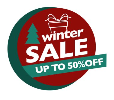 Kış satış vektörü posteri. Üzerinde yeşil kırmızı metin şablonu olan pankart. Kış sezonunda indirim promosyonu. Vektör illüstrasyonu.