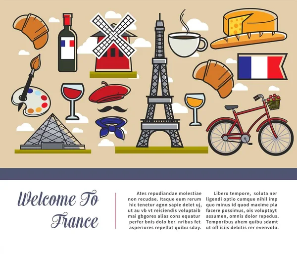 Travel Agency Brochure French Culture Symbols Architecture Cuisine Vector Louvre — Vetor de Stock