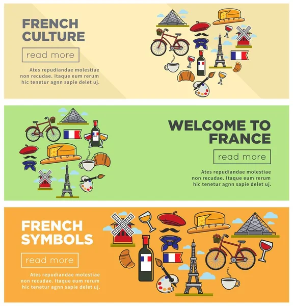 Travel Agency Banners French Culture Symbols Architecture Cuisine Vector Louvre —  Vetores de Stock