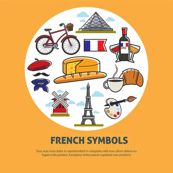 French Symbols Travel France Internet Poster Template Vector Louvre Gallery — Vetor de Stock