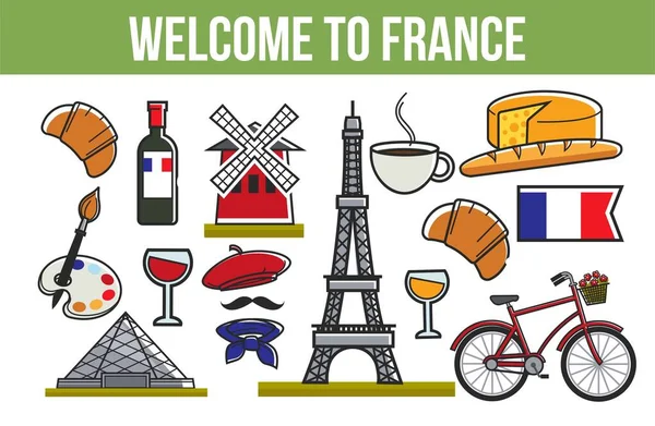 Bem Vindo Folheto Agência Viagens França Cultura Símbolos Franceses Arquitetura —  Vetores de Stock