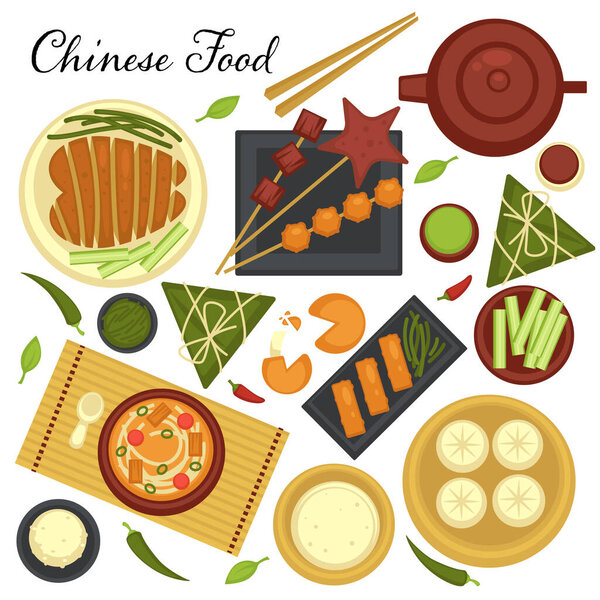 Chinese cuisine menu. Set of dishes and traditional recipes from Asian country. Oriental breakfast or lunch, delicacy from China. Soups and meat on plates served with veggies and chopsticks vector