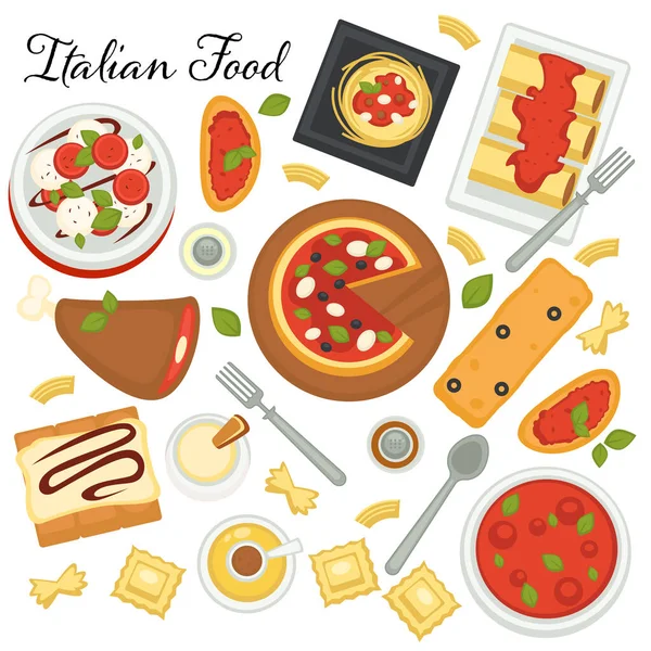 Italian Cuisine European Country Menu Pasta Pizza Desserts Cooked Traditional — Stock Vector