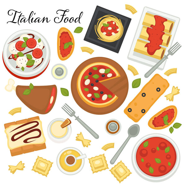 Italian cuisine of european country menu. Pasta, pizza and desserts. Cooked traditional dishes with sauces and spices. Served sweets, snacks and pastries with cream, vector in flat style