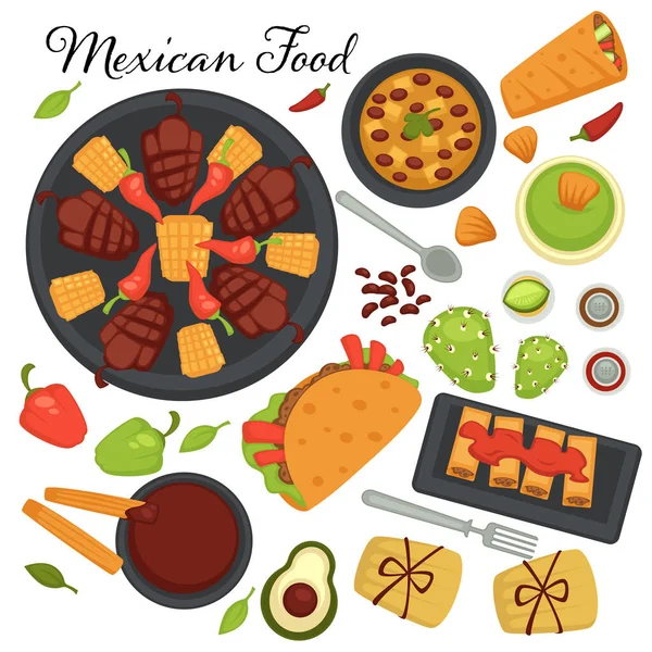 伝統的なメキシコ料理のレシピや食事のコレクション デザートと前菜 スパイシーな食材 肉を盛り付けたタコ ブリトーとアボカドのサンドイッチフラットスタイルのベクトル — ストックベクタ