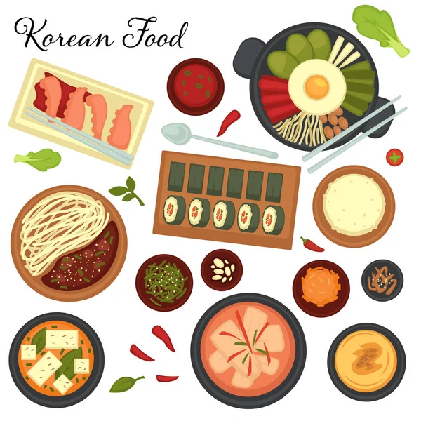 Collection of Korean cuisine dishes and plates. Menu of Asian restaurant. Noodles and vegetables, kimbap and fried egg with veggies, kimchi and spices. Jajangmyeon and hobakjuk recipes vector