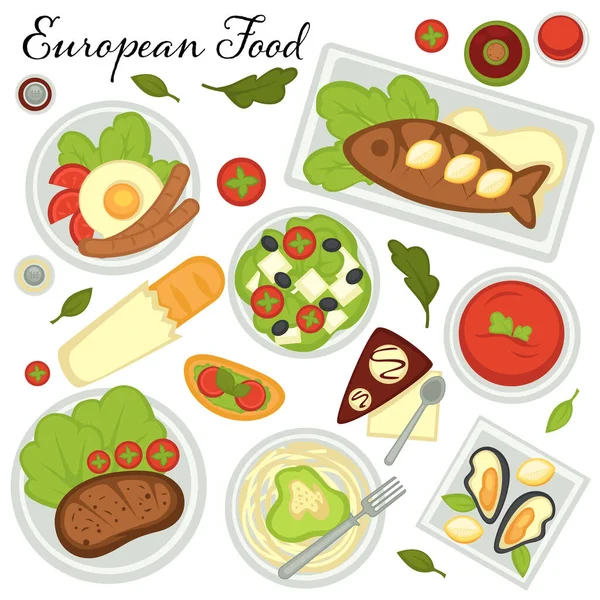 ヨーロッパの伝統料理コレクション ヨーロッパのレシピ 揚げ魚の卵とソーセージ 野菜と魚介類 ハム肉とサラダ バゲットとデザート フラットスタイルのベクトル — ストックベクタ