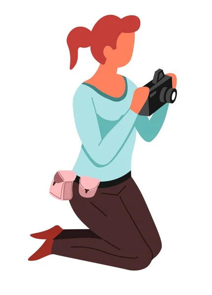Journalist Paparazzi Photographer Knees Photo Camera Vector Isolated Female Character — Image vectorielle